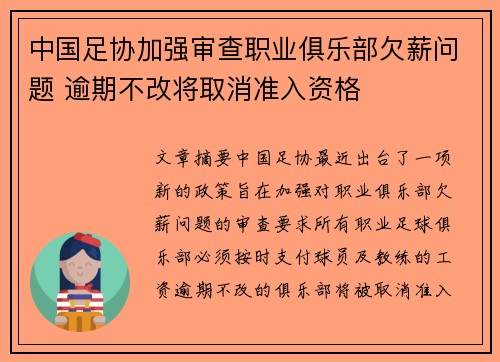 中国足协加强审查职业俱乐部欠薪问题 逾期不改将取消准入资格