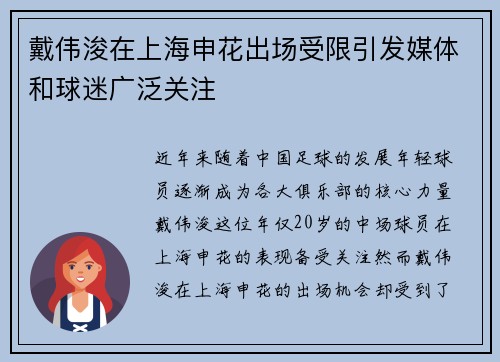 戴伟浚在上海申花出场受限引发媒体和球迷广泛关注